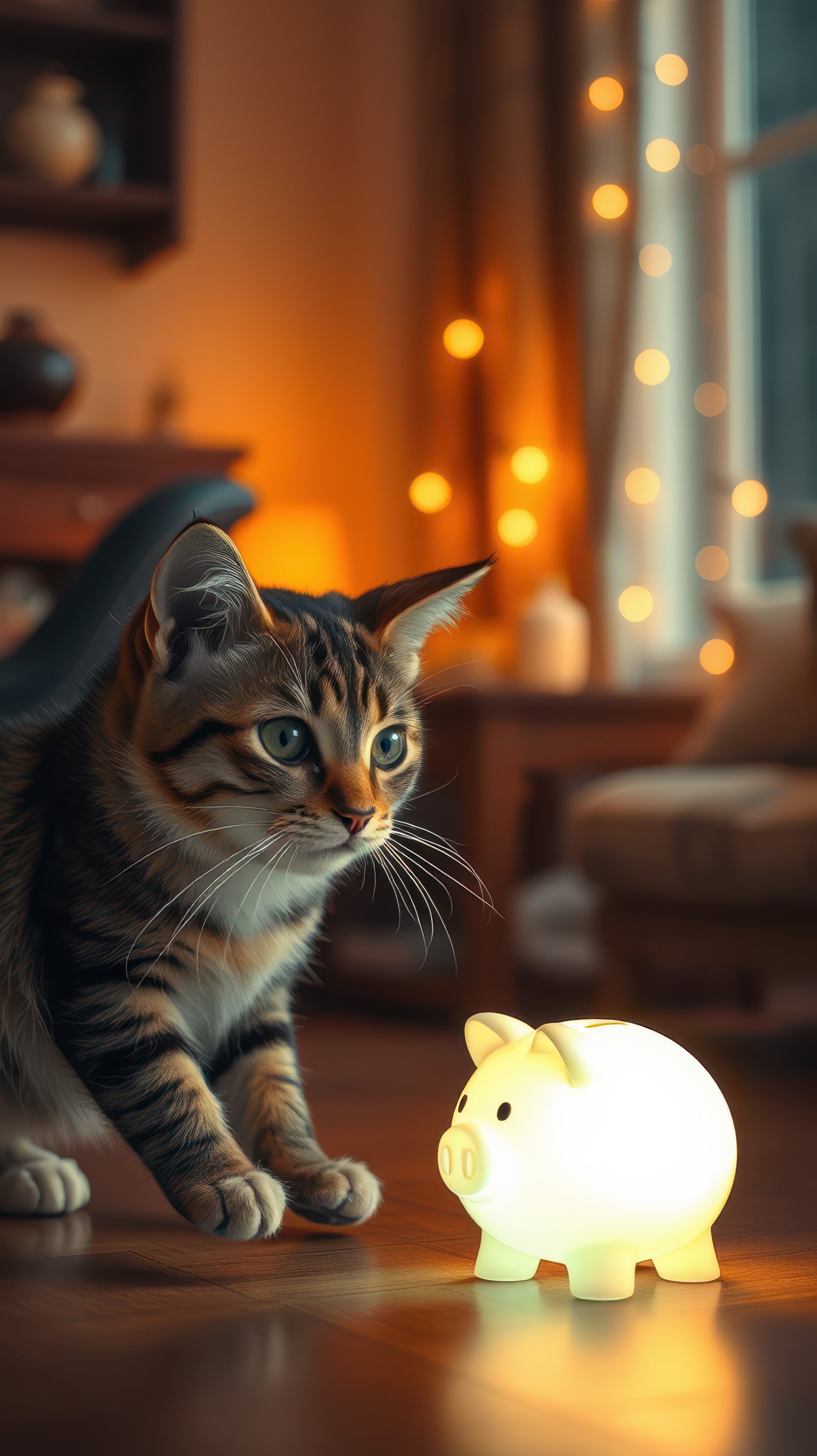 Cat explores a glowing piggy bank in a cozy, warm-lit living room during evening hours